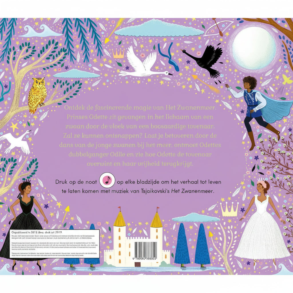 Back cover of a children's book featuring a whimsical purple illustration with a castle, birds, trees, and two children in fantasy costumes, plus Dutch text and publisher information blocks.