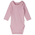 Bubblegum and white striped long-sleeve baby bodysuit with a Peter Pan collar, shown flat on a white background.