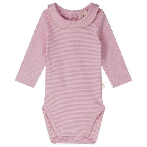 Bubblegum and white striped long-sleeve baby bodysuit with a Peter Pan collar, shown flat on a white background.