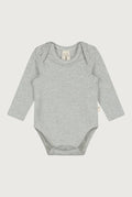 A long-sleeve baby bodysuit with fine horizontal gray and white stripes, laid flat against a light gray background.