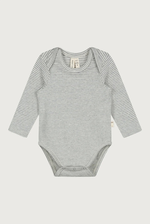 A long-sleeve baby bodysuit with fine horizontal gray and white stripes, laid flat against a light gray background.