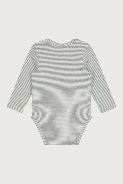 Striped baby bodysuit on a light gray background