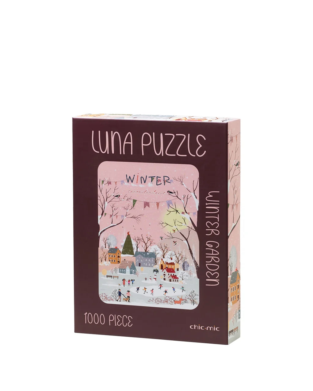 A 1000-piece jigsaw puzzle box titled 'Luna Puzzle' by Chic Chic, featuring a winter garden illustration on a dark brown background with a pink window view.