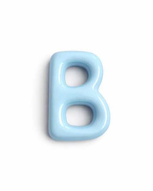 A glossy light blue letter 'B' with a rounded, three-dimensional shape, shown on a clean white background.