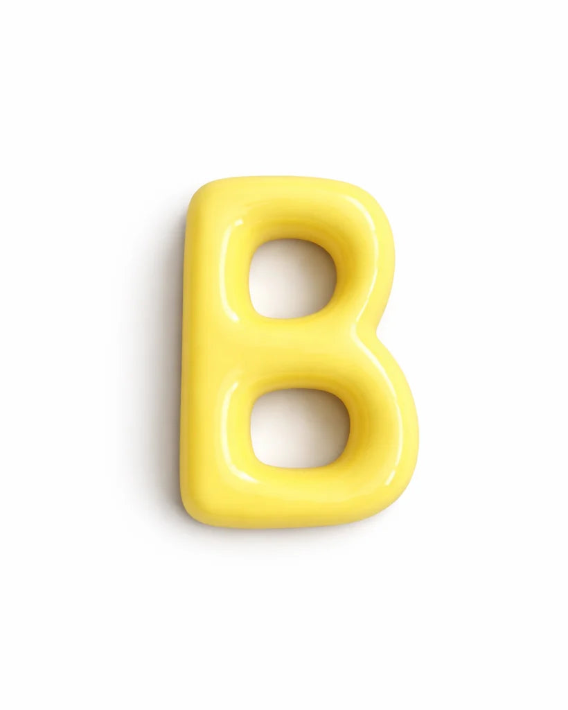 A glossy yellow letter 'B' charm or pendant on a clean white background.