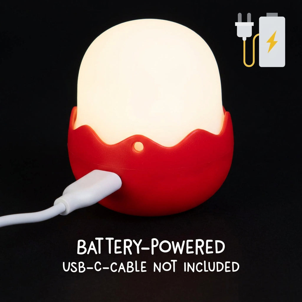 A red and white egg-shaped battery power bank on a black background with text stating 'BATTERY-Powered USB-C-CABLE NOT INCLUDED' and question mark icons.