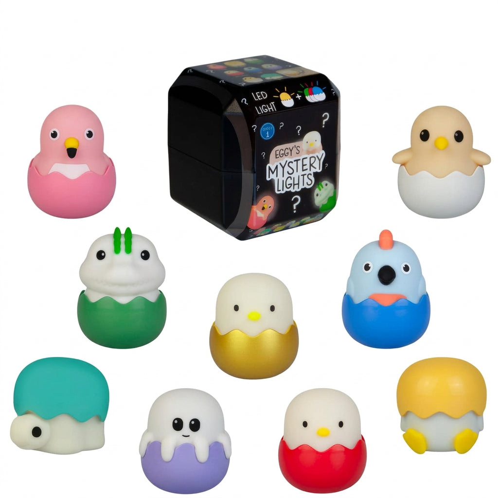 A collection of cute, colorful chick-shaped squishy toys in various colors, arranged around a black mystery light box. The image includes 'Series 1' and '9 to Collect' badges on a clean white background.