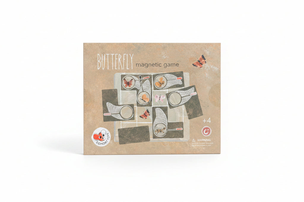The product packaging for the 'Butterfly Magnetic Game' by Convey Toy, featuring a rustic beige background with illustrations of butterflies, netting, and play pieces.