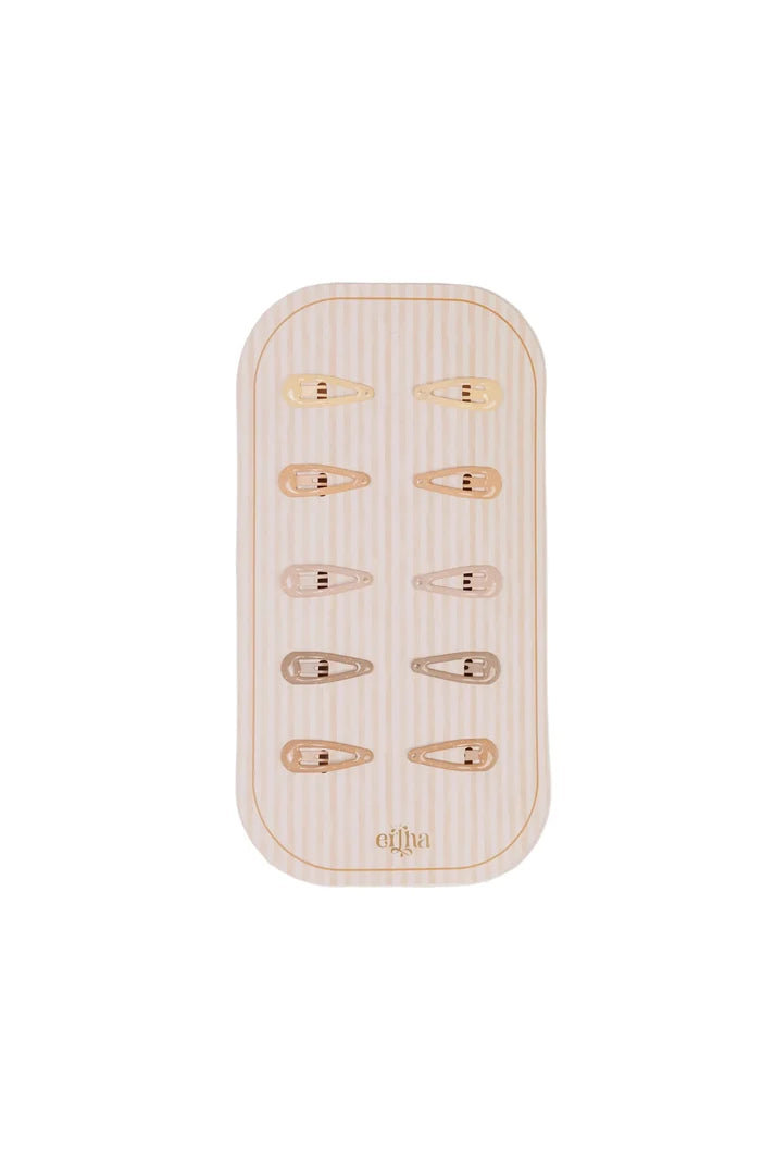 A set of ten clear plastic hair claw clips with gold-tone metal accents, arranged on a light beige and white vertically striped display card. The brand name 'elifaa' is printed in gold at the bottom of the card.