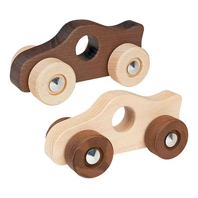 Two wooden toy cars on a plain white background, one made from dark brown wood and the other from light natural wood, each with circular wheels.