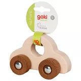 A wooden toy car with four wheels by goki, featuring a natural light wood body and brown wheels, shown with its green and white hanging packaging card on a white background.