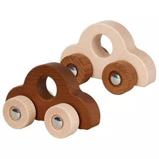 Two wooden toy cars on a plain white background. One car is made of medium brown wood with light natural wood wheels, and the other is made of light natural wood with medium brown wheels.