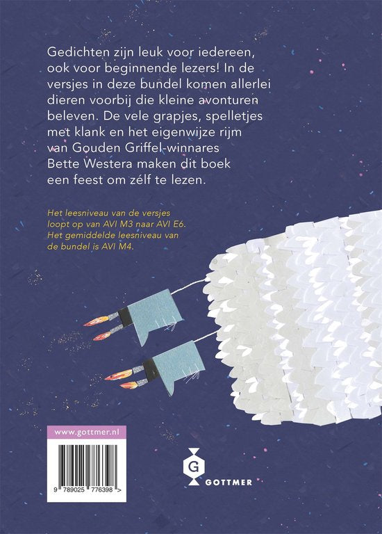 Book cover with text and illustration of a white creature and small figures on a blue background