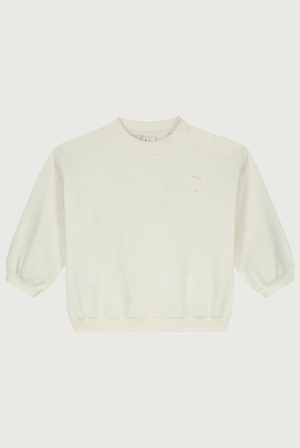 A cream-colored crewneck sweatshirt shown flat against a light gray background.