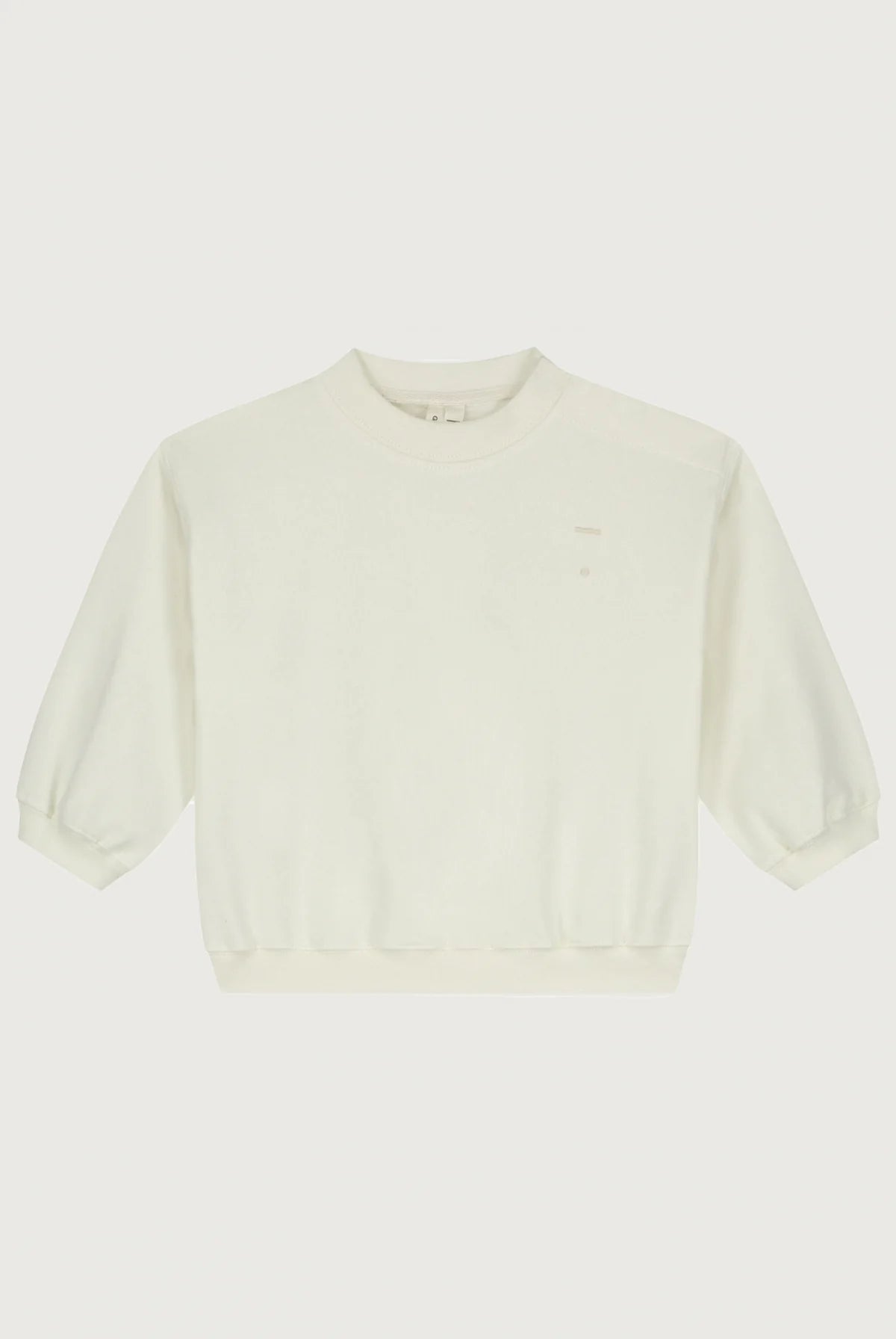 A cream-colored crewneck sweatshirt shown flat against a light gray background.