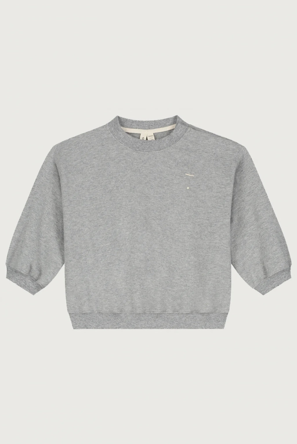 A light gray heather crewneck sweatshirt with three-quarter sleeves, displayed flat against a light gray background.
