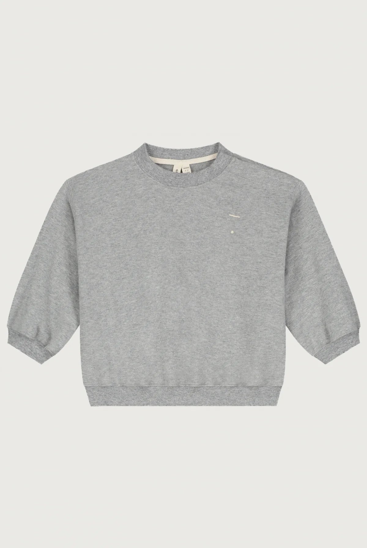 A light gray heather crewneck sweatshirt with three-quarter sleeves, displayed flat against a light gray background.