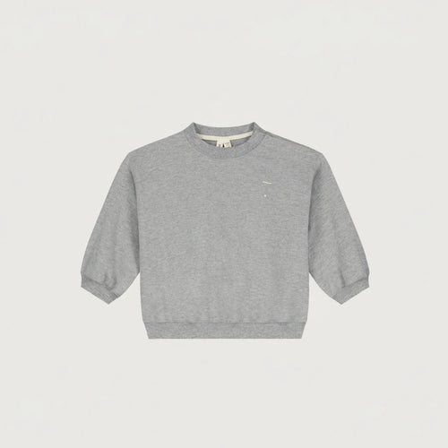 A light gray heather crewneck sweatshirt with three-quarter sleeves, displayed flat against a light gray background.