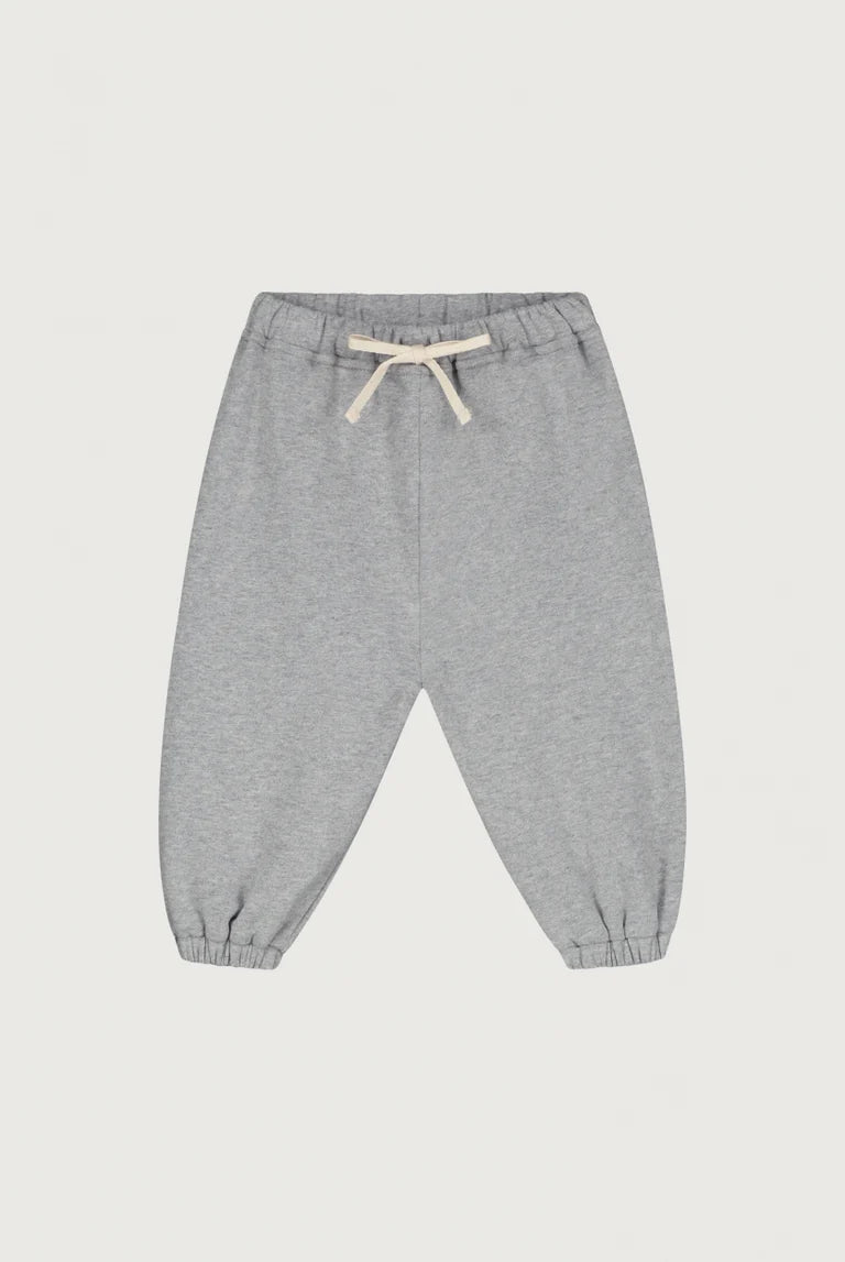 Light gray heather jogger pants with an elastic waistband and a cream-colored drawstring, shown flat on a light gray background.