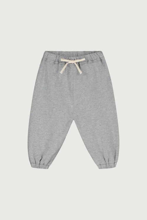 Light gray heather jogger pants with an elastic waistband and a cream-colored drawstring, shown flat on a light gray background.