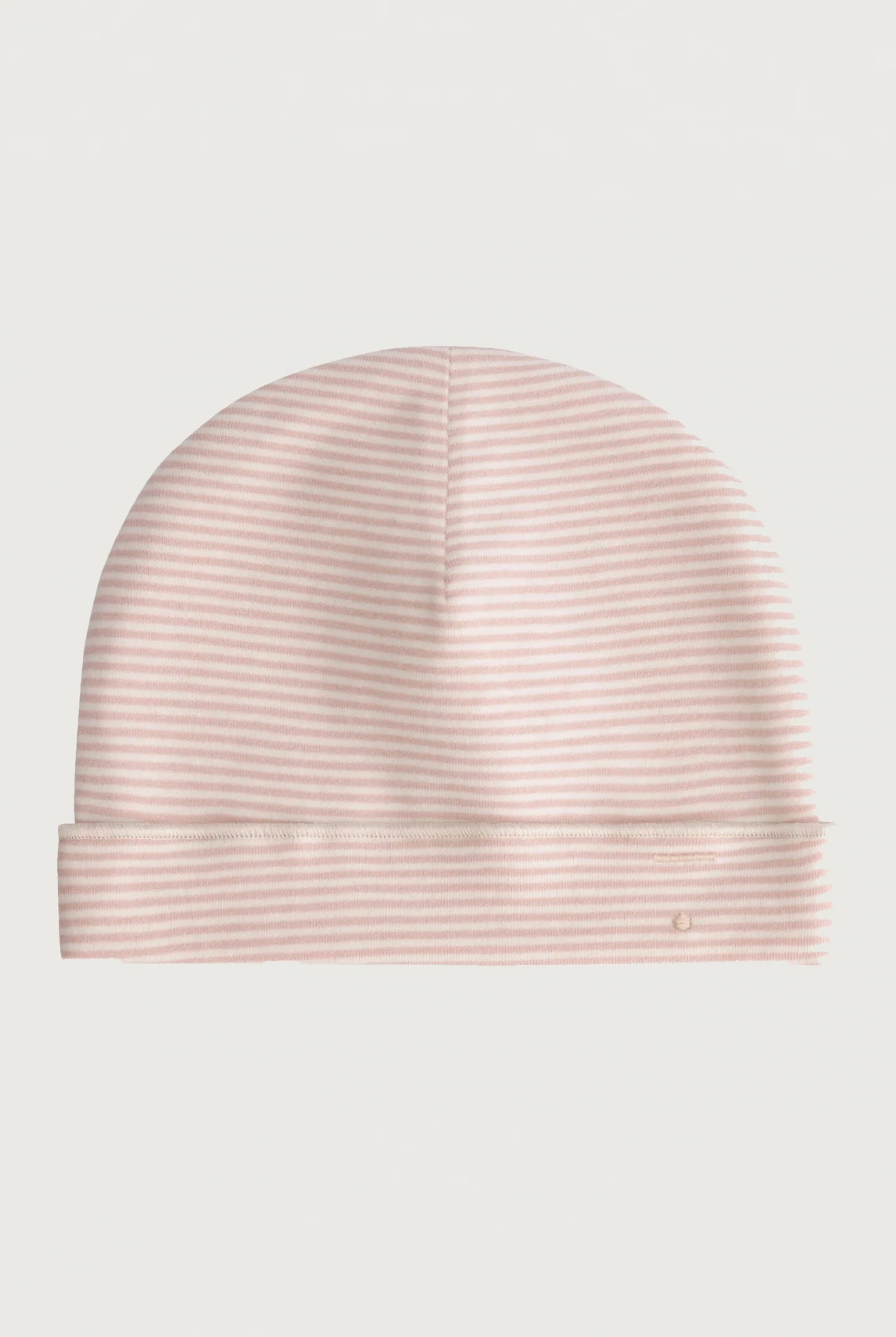 A baby beanie hat with fine horizontal stripes in pale pink and white, featuring a folded cuff and a small embroidered logo on the side, set against a solid light gray background.