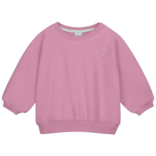 A bubblegum long-sleeve crewneck sweatshirt with a relaxed fit, laid flat against a white background.