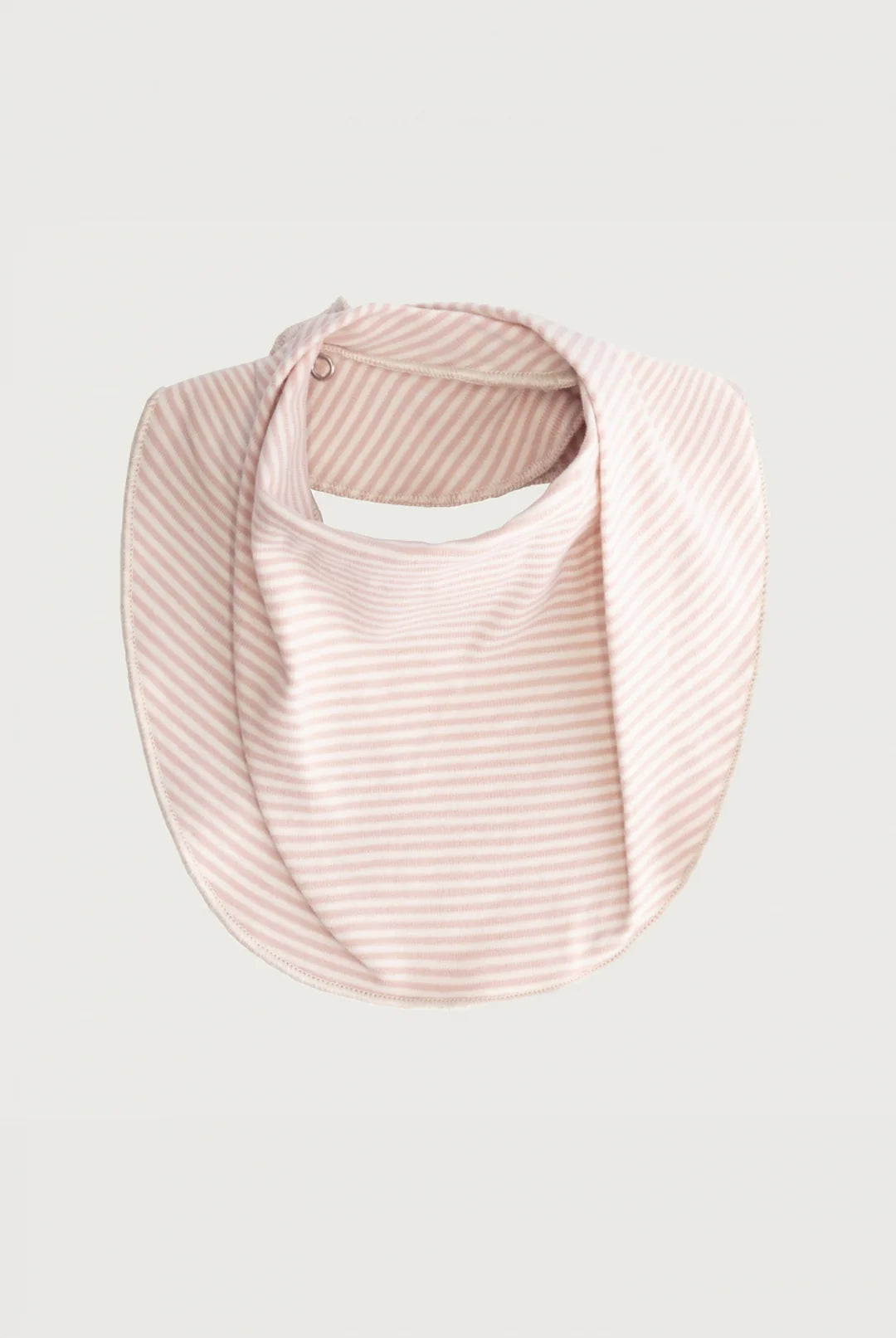 pink and white striped fabric bib with a wide neck opening, shown against a solid light gray background.