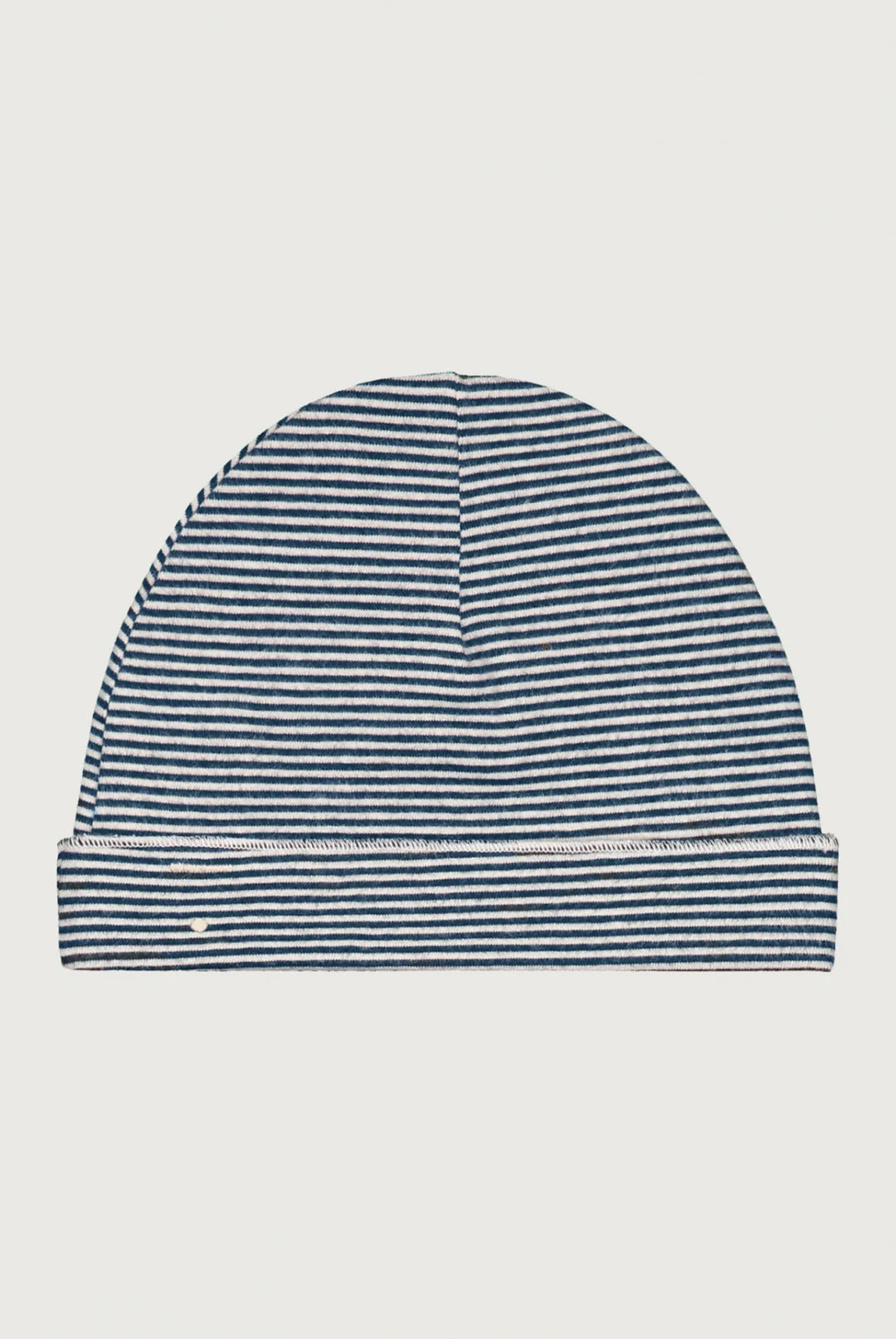 A navy blue and white striped knit beanie hat, shown flat against a light gray background.