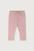 Pink and white striped baby pants with an elastic waistband and a beige drawstring, shown flat on a light gray background.