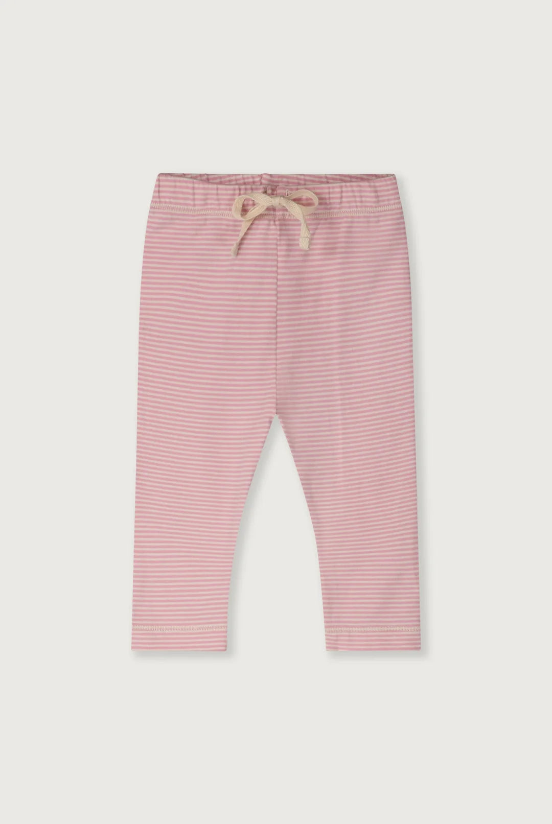 Pink and white striped baby pants with an elastic waistband and a beige drawstring, shown flat on a light gray background.