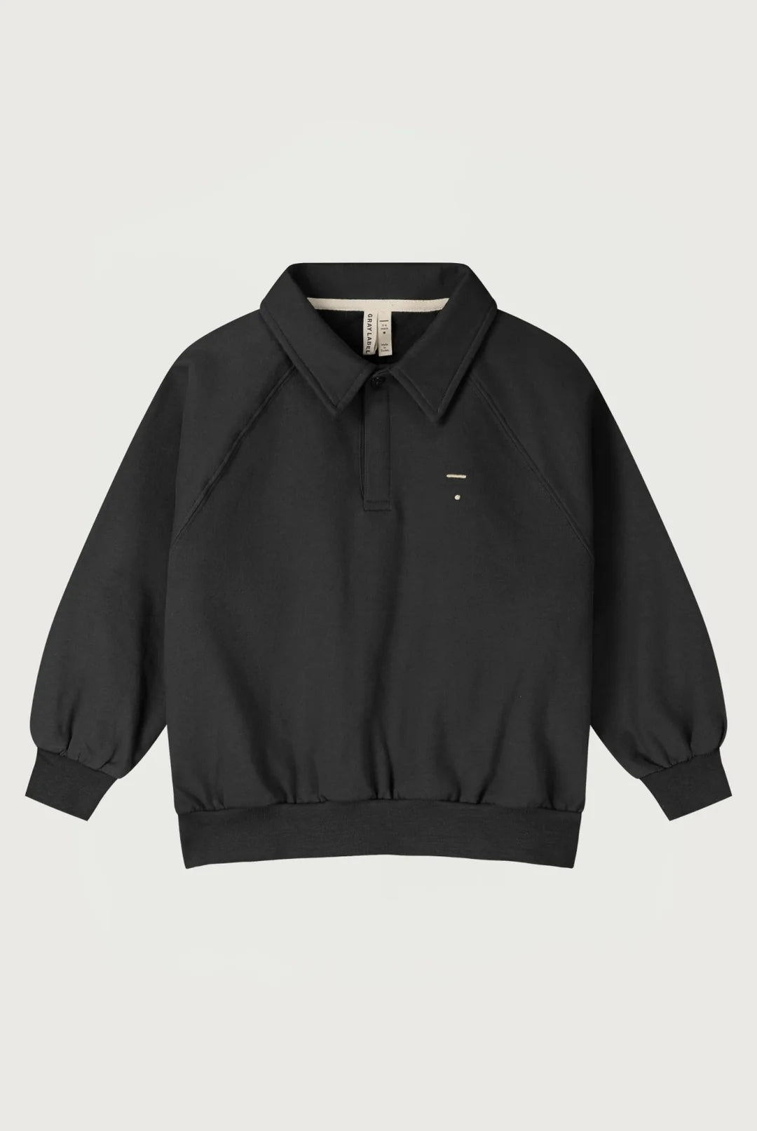 A black long-sleeve pullover sweatshirt with a polo-style collar, ribbed cuffs and hem, and a small white embroidered logo on the left chest, displayed on a light gray background.