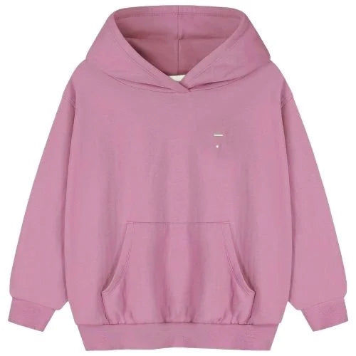 Bubblegum pullover hoodie with a small white embroidered logo on the left chest, displayed on a clean white background.