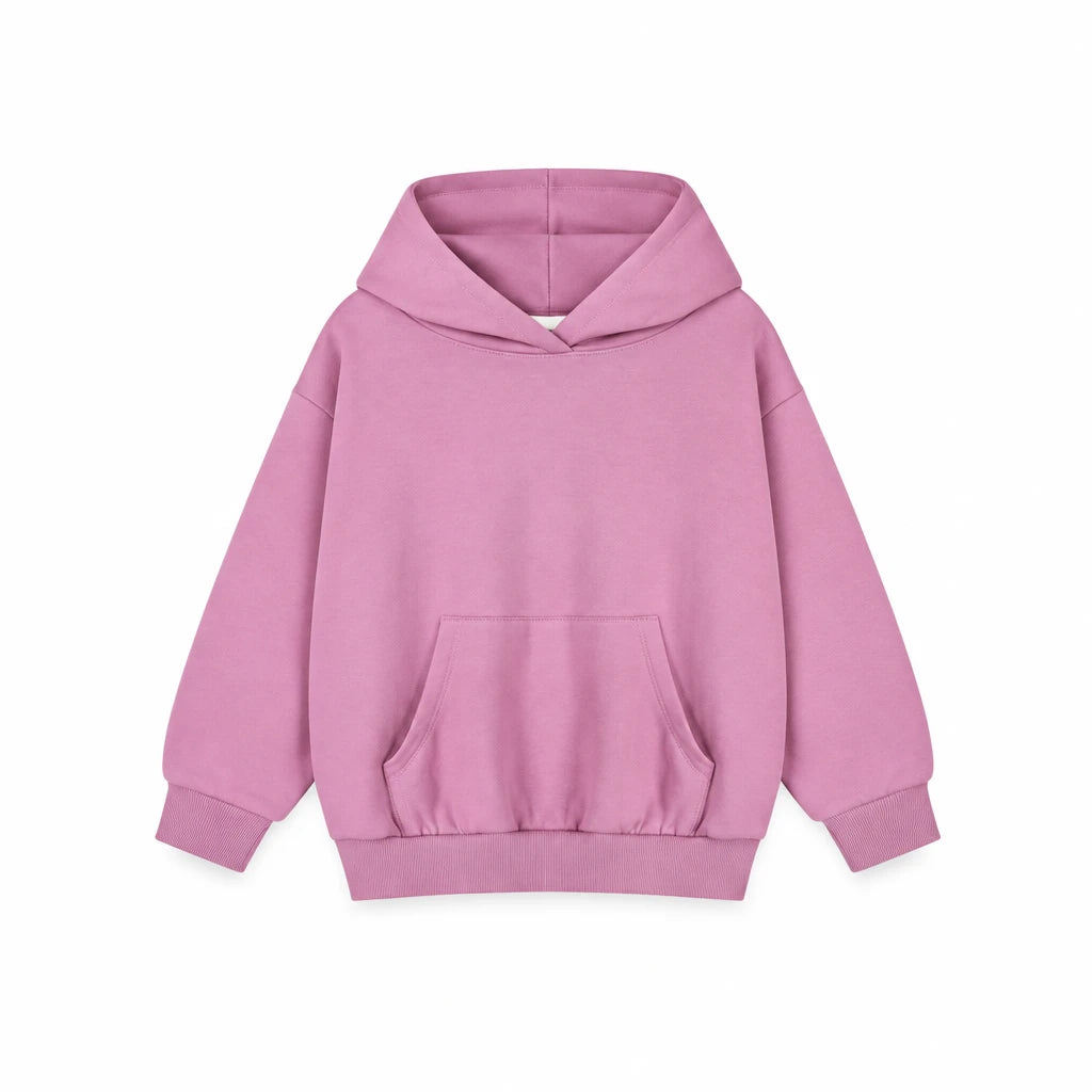 Bubblegum pullover hoodie with a small white embroidered logo on the left chest, displayed on a clean white background.