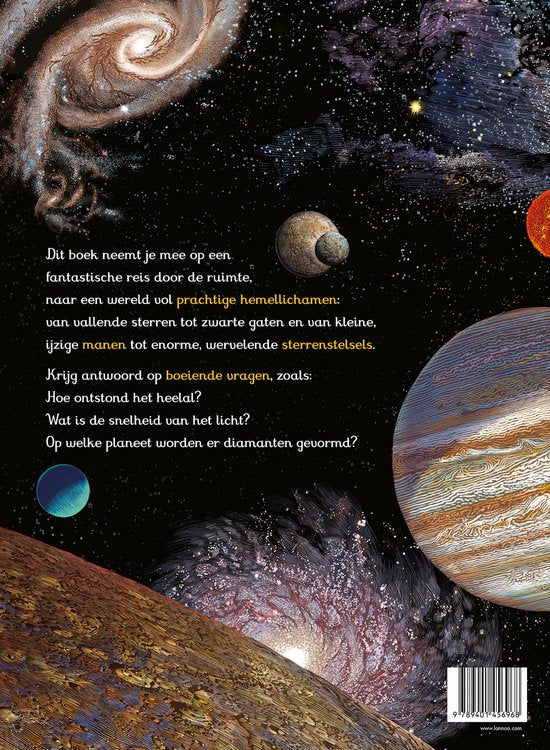 Space-themed book cover with planets and stars, featuring text in Dutch.