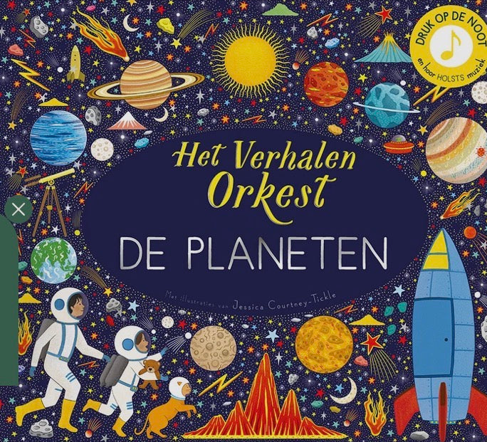 Front cover of the children's book 'Het Verhaal Orkest De Planeten' featuring a colorful space illustration with planets, astronauts, rockets, stars, and a yellow sun on a dark blue background.