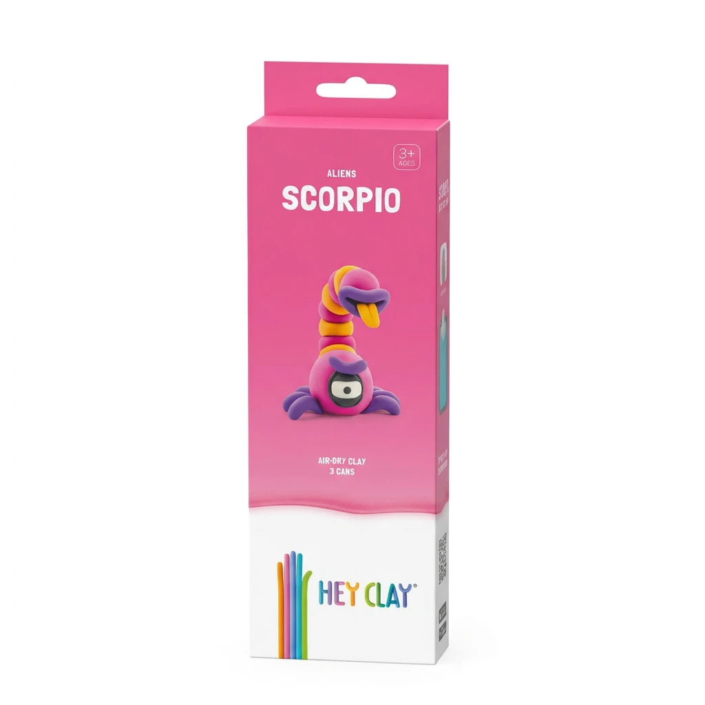 Pink and white retail box for Hey Clay Air Dry Clay Scorpion figure, featuring the character illustration and the Hey Clay logo at the bottom.