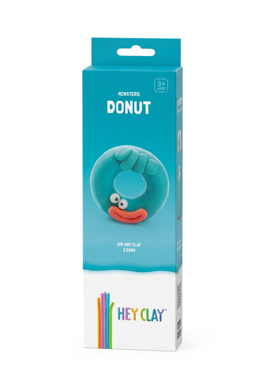 A boxed toy product labeled 'DONUT' with a turquoise-blue package and a cartoon donut illustration on the front. The brand name 'HEY CLAY' appears near the bottom.