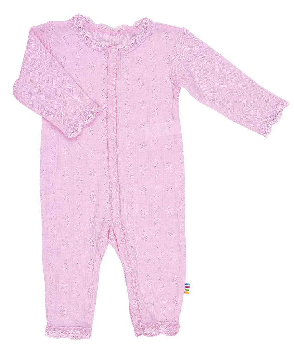 Pink baby onesie with lace details on a white background