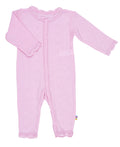 Pink baby onesie with lace details on a white background
