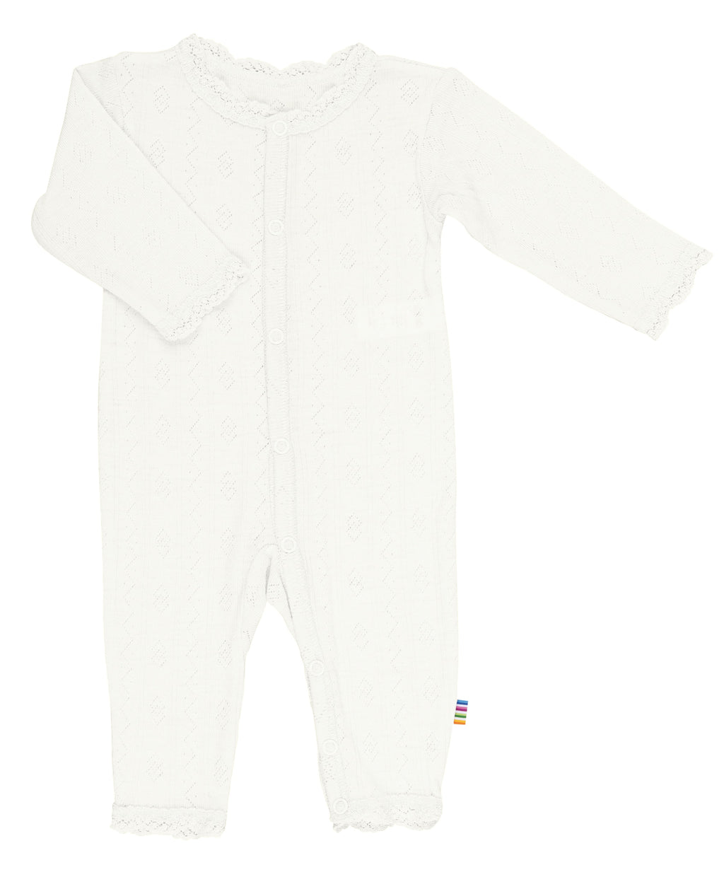 An off-white long-sleeve baby romper with a textured lace-like pattern and delicate scalloped trim on the collar, cuffs, and ankles, shown flat on a white background.