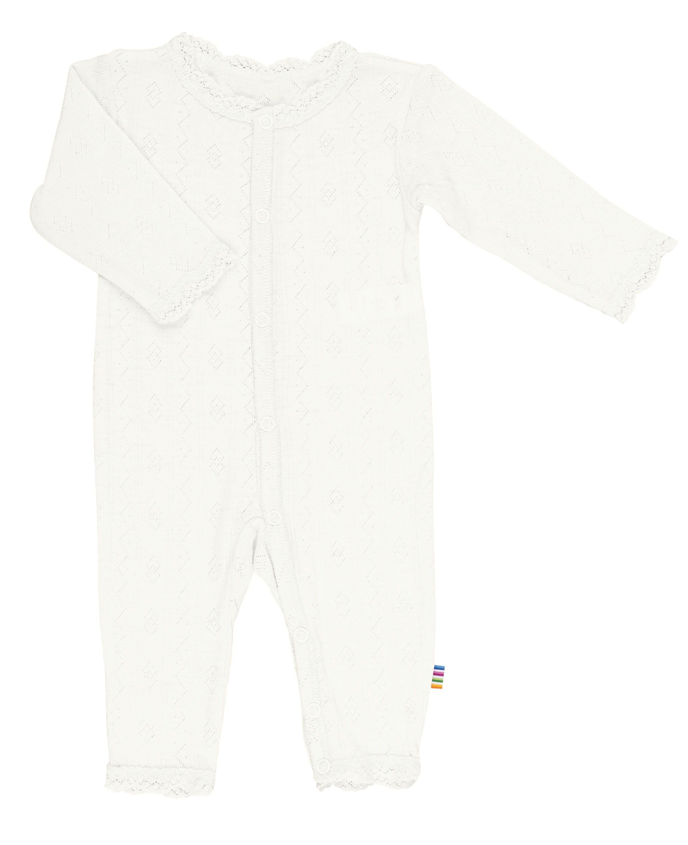 An off-white long-sleeve baby romper with a textured lace-like pattern and delicate scalloped trim on the collar, cuffs, and ankles, shown flat on a white background.