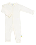 An off-white long-sleeve baby romper with a snap-button front, photographed flat against a white background.