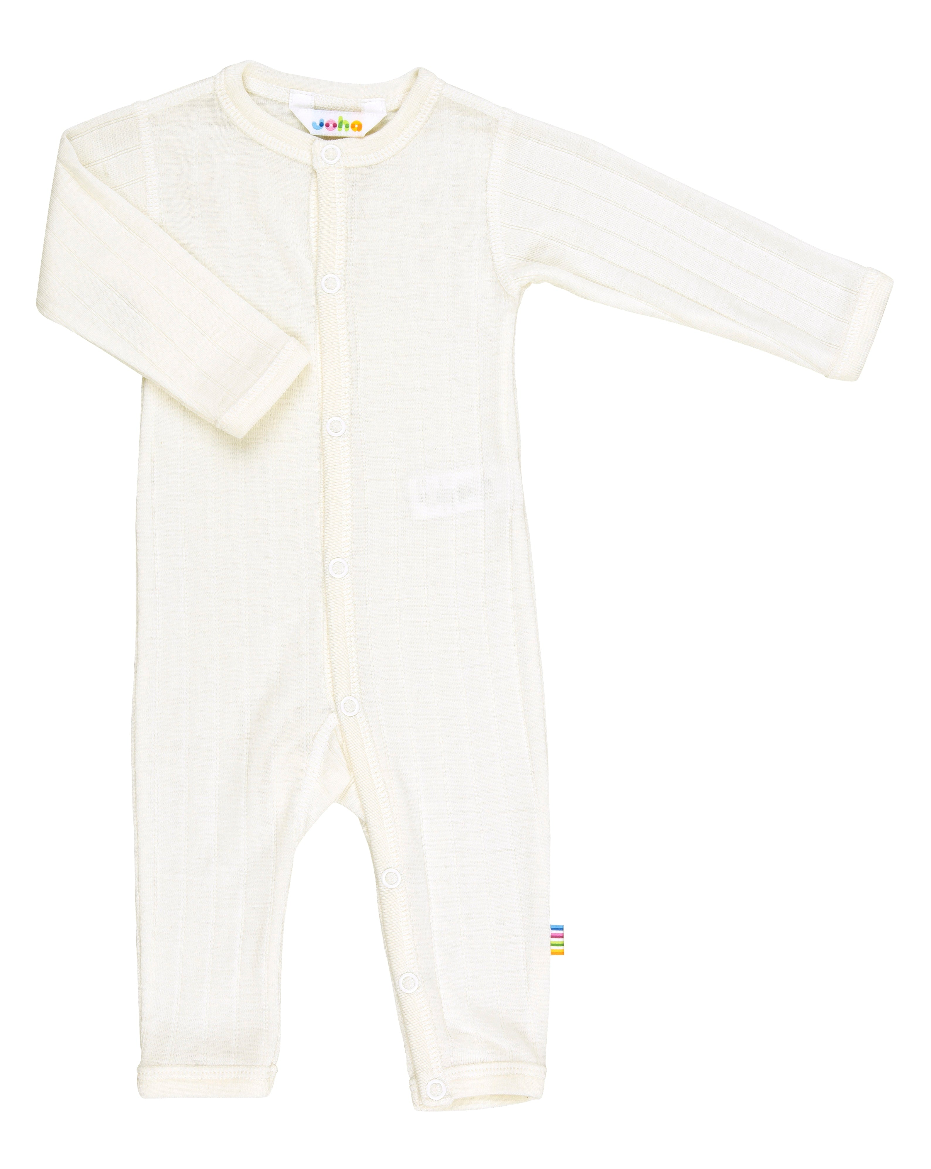 An off-white long-sleeve baby romper with a snap-button front, photographed flat against a white background.