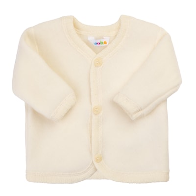 A cream-colored long-sleeve baby cardigan with three front buttons, shown flat against a white background.