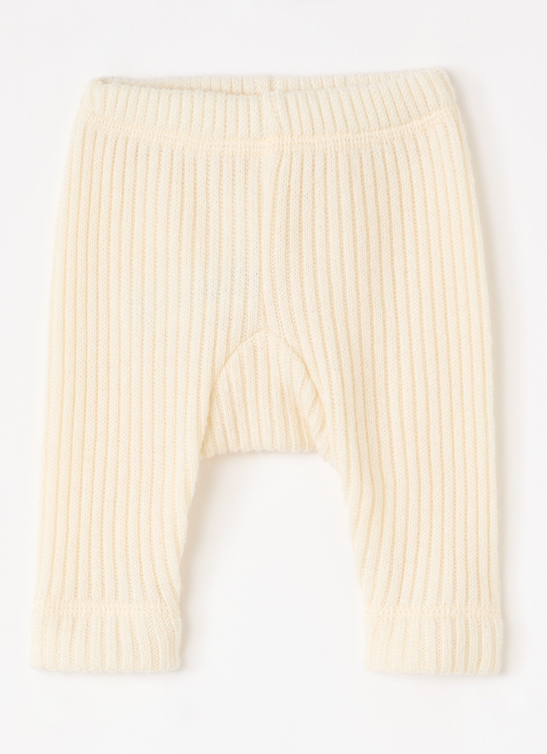 Cream ribbed knit baby leggings with a wide waistband and leg cuffs, shown flat on a white background.