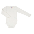 A long-sleeve white baby bodysuit with a ruffled lace neckline, laid flat against a white background.