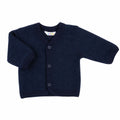 A navy blue knit baby cardigan sweater with three front buttons, laid flat on a white background. The brand label inside the collar reads joha