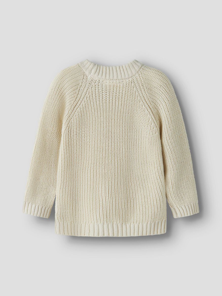 A cream-colored ribbed knit sweater with raglan sleeves, shown from the back against a light gray background.