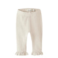 Cream ribbed knit capri pants with ruffled hems, shown flat on a white background. The brand name 'Lil' Mollie' is visible on the inner waistband label.