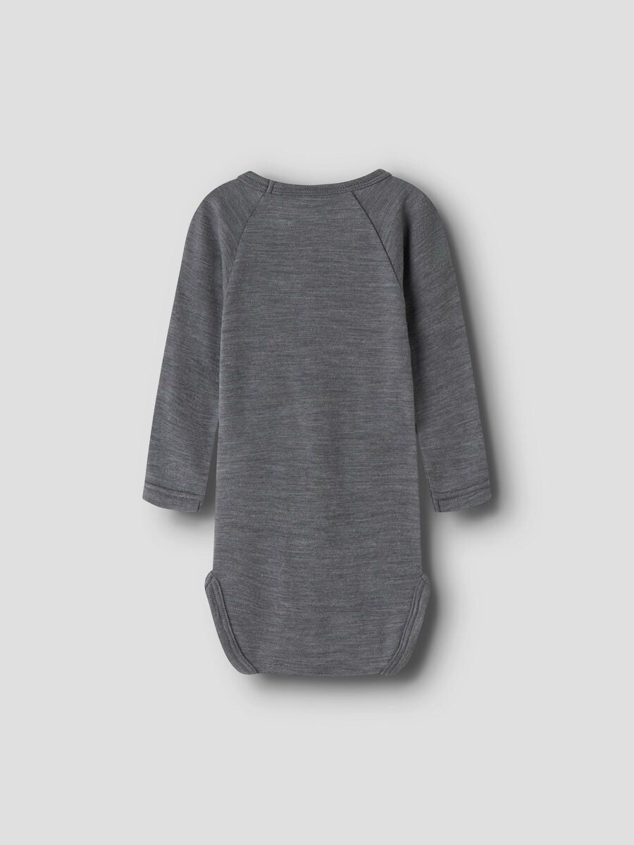 A dark gray long-sleeve baby bodysuit shown from the back, featuring raglan sleeves and a crew neck, photographed against a neutral light gray background.